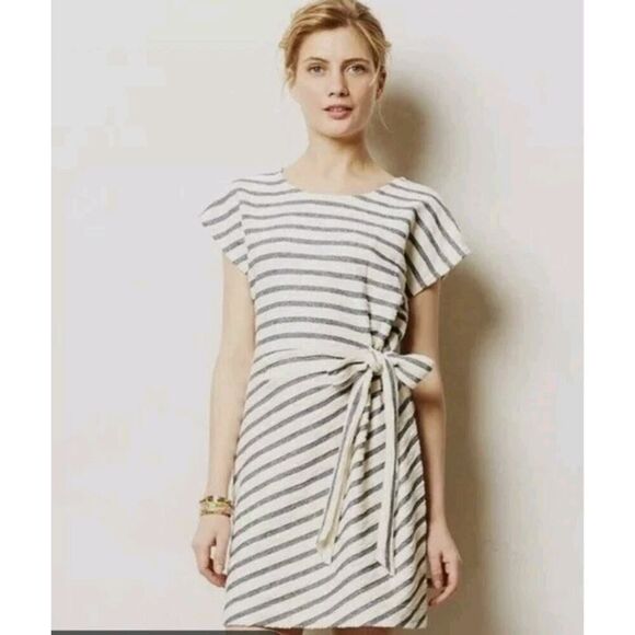Saturday Sunday ANTHROPOLOGIE Striped Yael Side Tie Short Dress Black Beige XSP - Picture 1 of 11